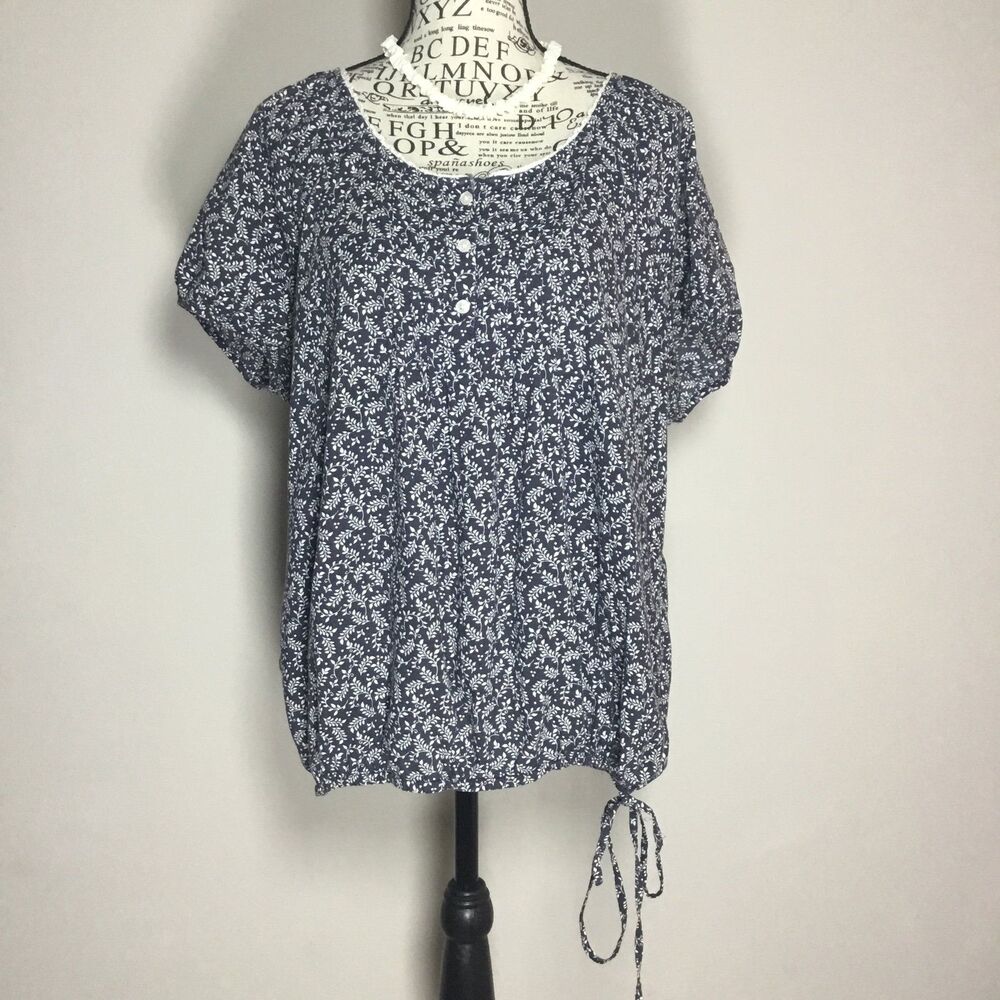 Delicate floral 100% cotton blouse navy blue white drawstring drop waist XL